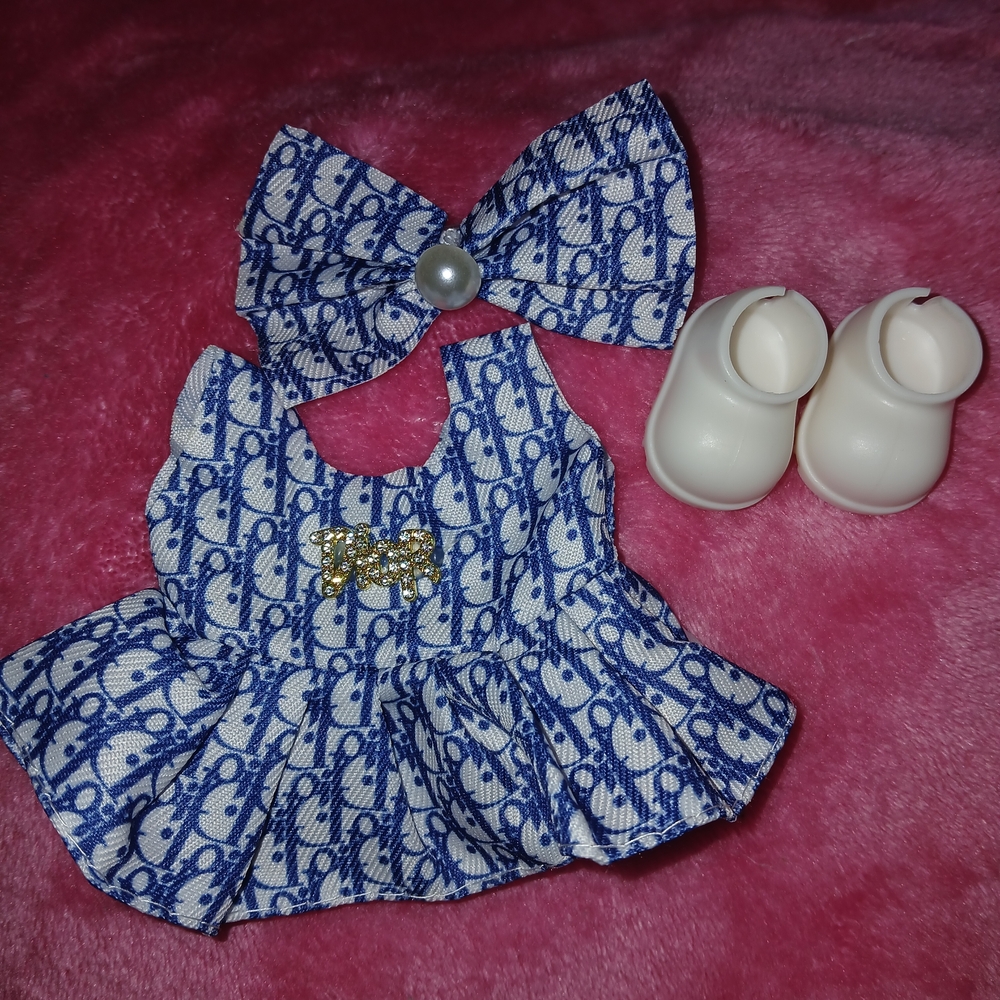 Labubu Dior Blue Patterned Doll Outfit Dress Shoes And Hairclip
